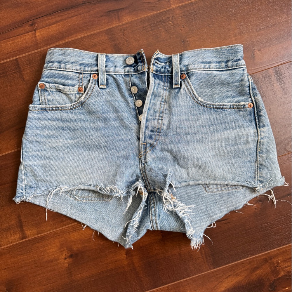 Levi's Light Blue Distressed Button-Fly Denim Shorts